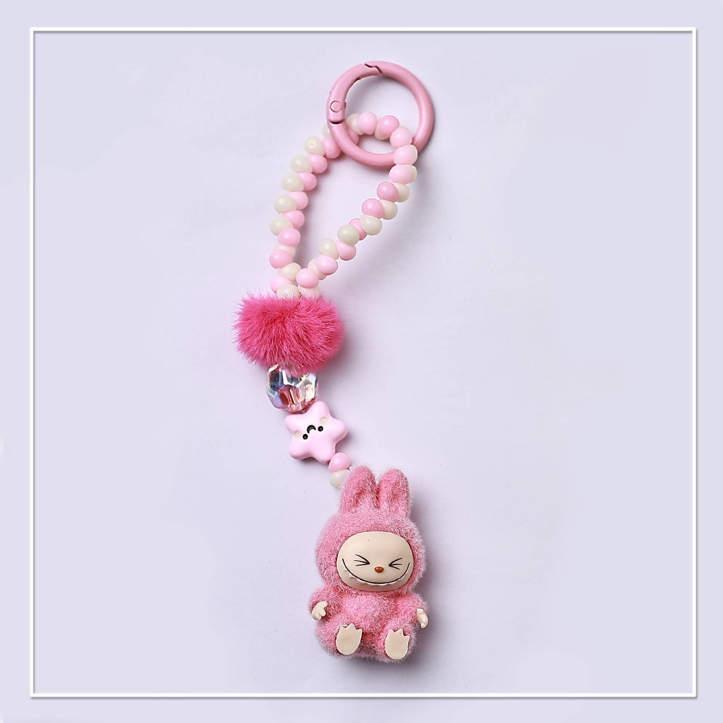 Flocked Mini Labubu Beaded Keychain Bag Charm