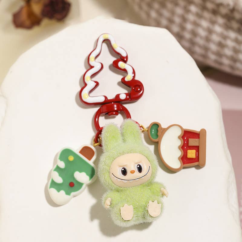 Christmas Tree Flocked Mini Labubu Keychain Bag Charm