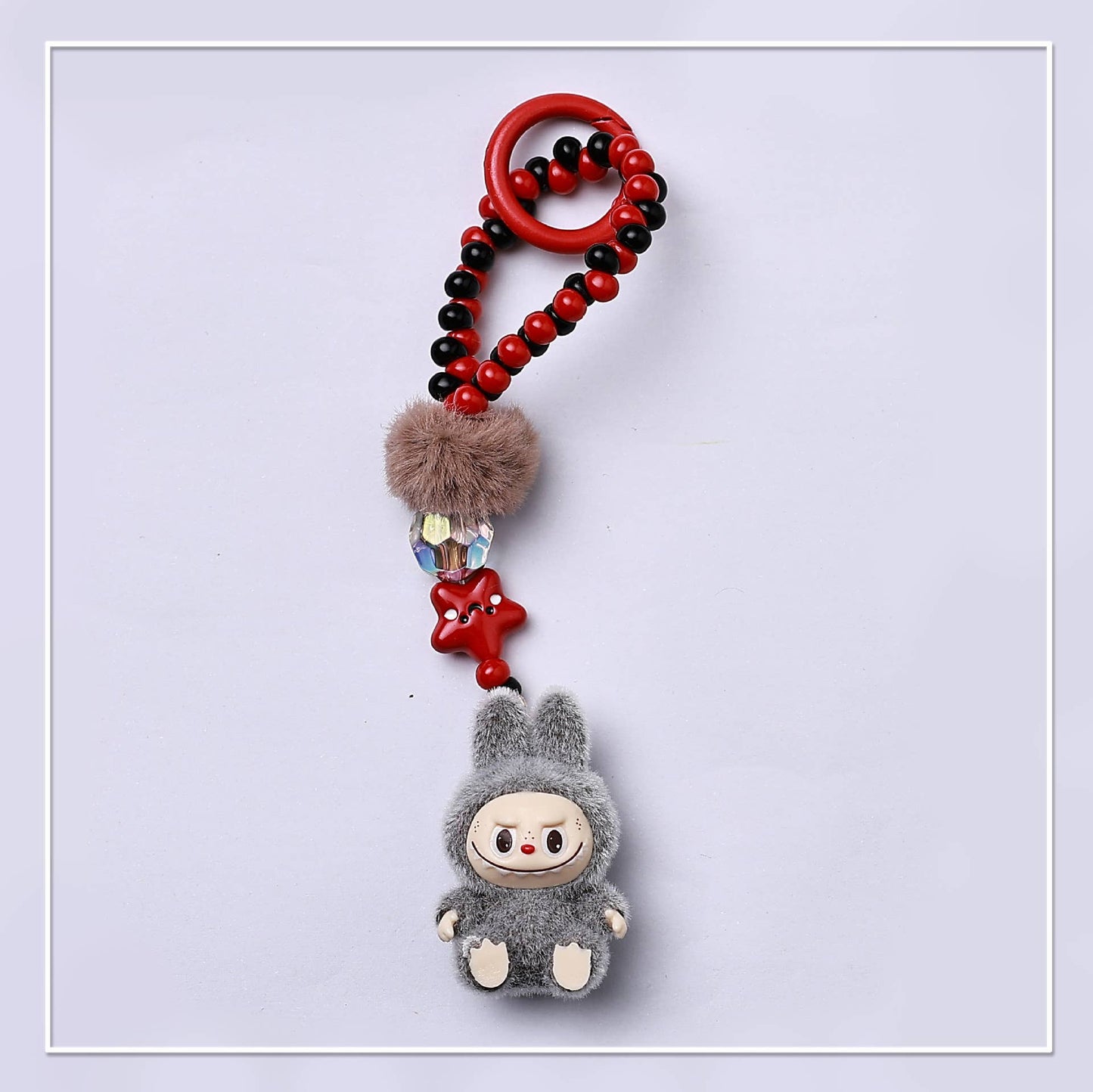 Flocked Mini Labubu Beaded Keychain Bag Charm