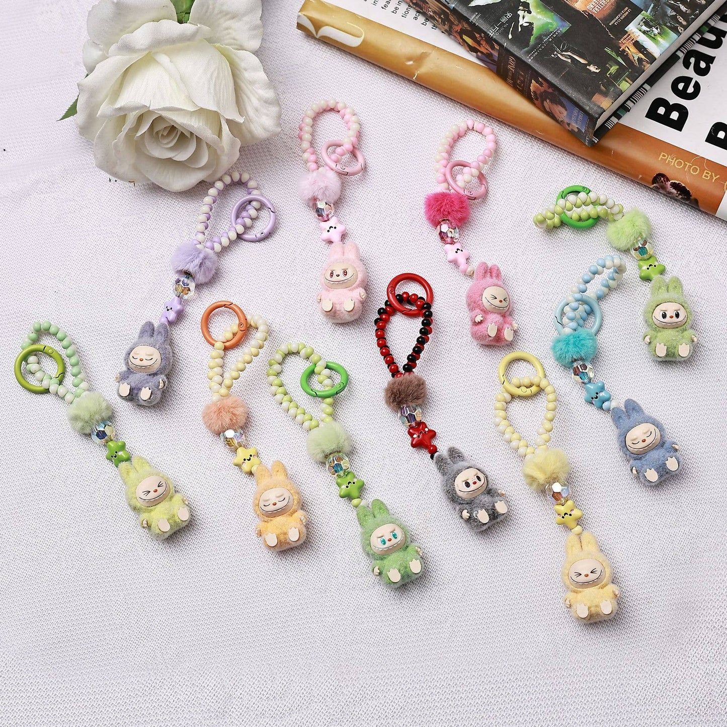 Flocked Mini Labubu Beaded Keychain Bag Charm