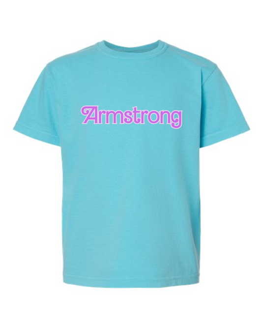 Lagoon Blue Glittery Pink Armstrong Barbie-Inspired Font Short Sleeve T-shirt