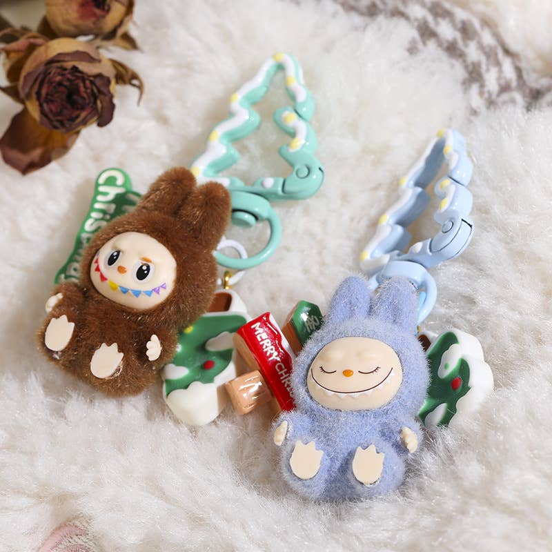 Christmas Tree Flocked Mini Labubu Keychain Bag Charm