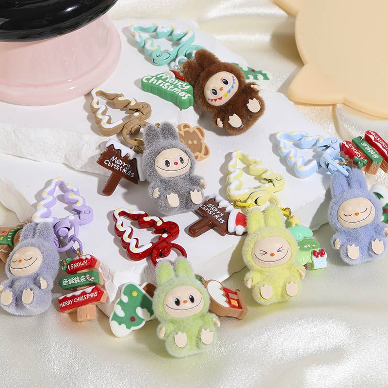 Christmas Tree Flocked Mini Labubu Keychain Bag Charm