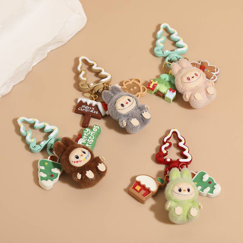 Christmas Tree Flocked Mini Labubu Keychain Bag Charm