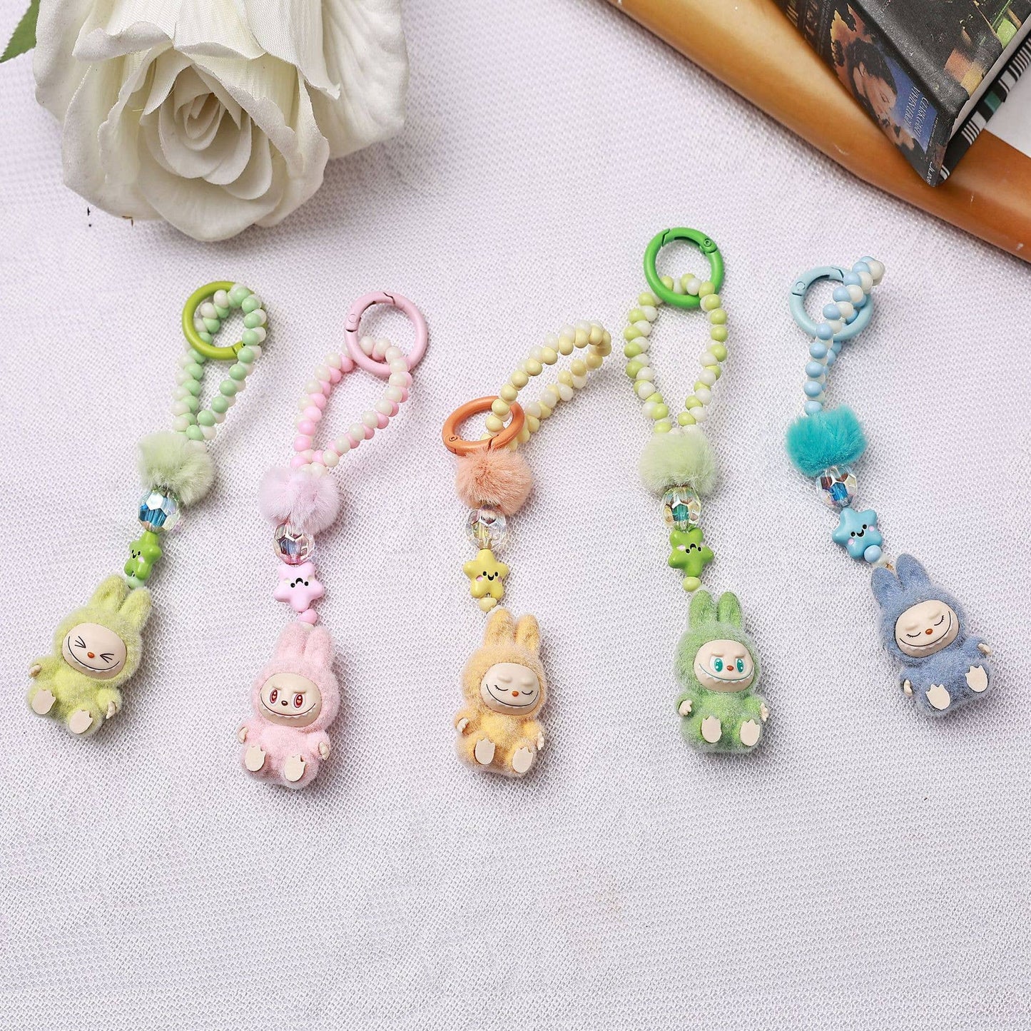 Flocked Mini Labubu Beaded Keychain Bag Charm