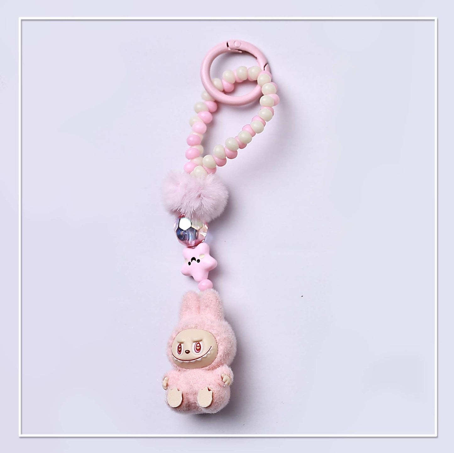 Flocked Mini Labubu Beaded Keychain Bag Charm